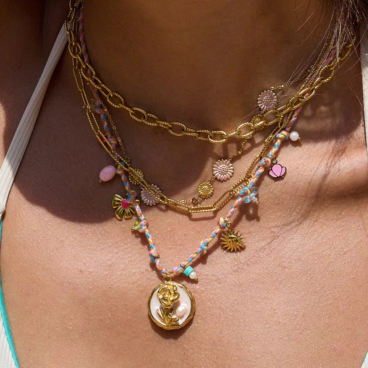 Rose Pendants & Charms Colorful Thread Necklace