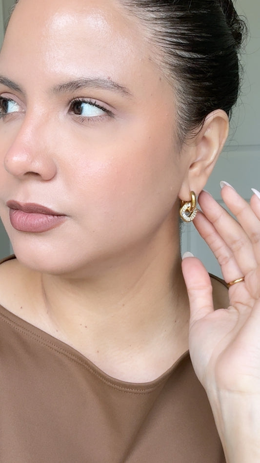 Gold Zirconias Square Pendant Small Hoop Earrings
