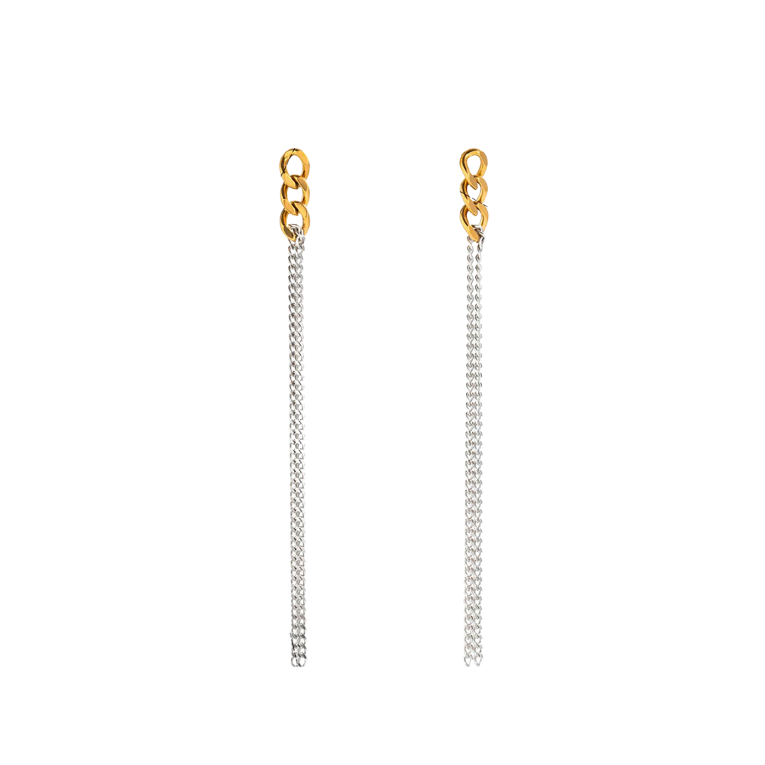 Two Tone Cuban Chain Long Stud Earrings