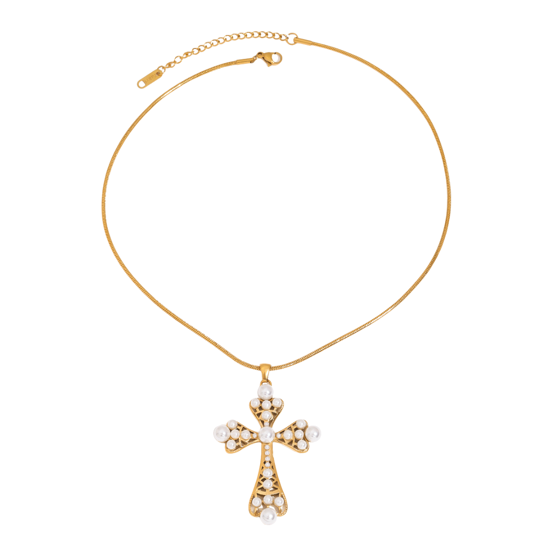 Chunky Pearls Cross Pendant Necklace