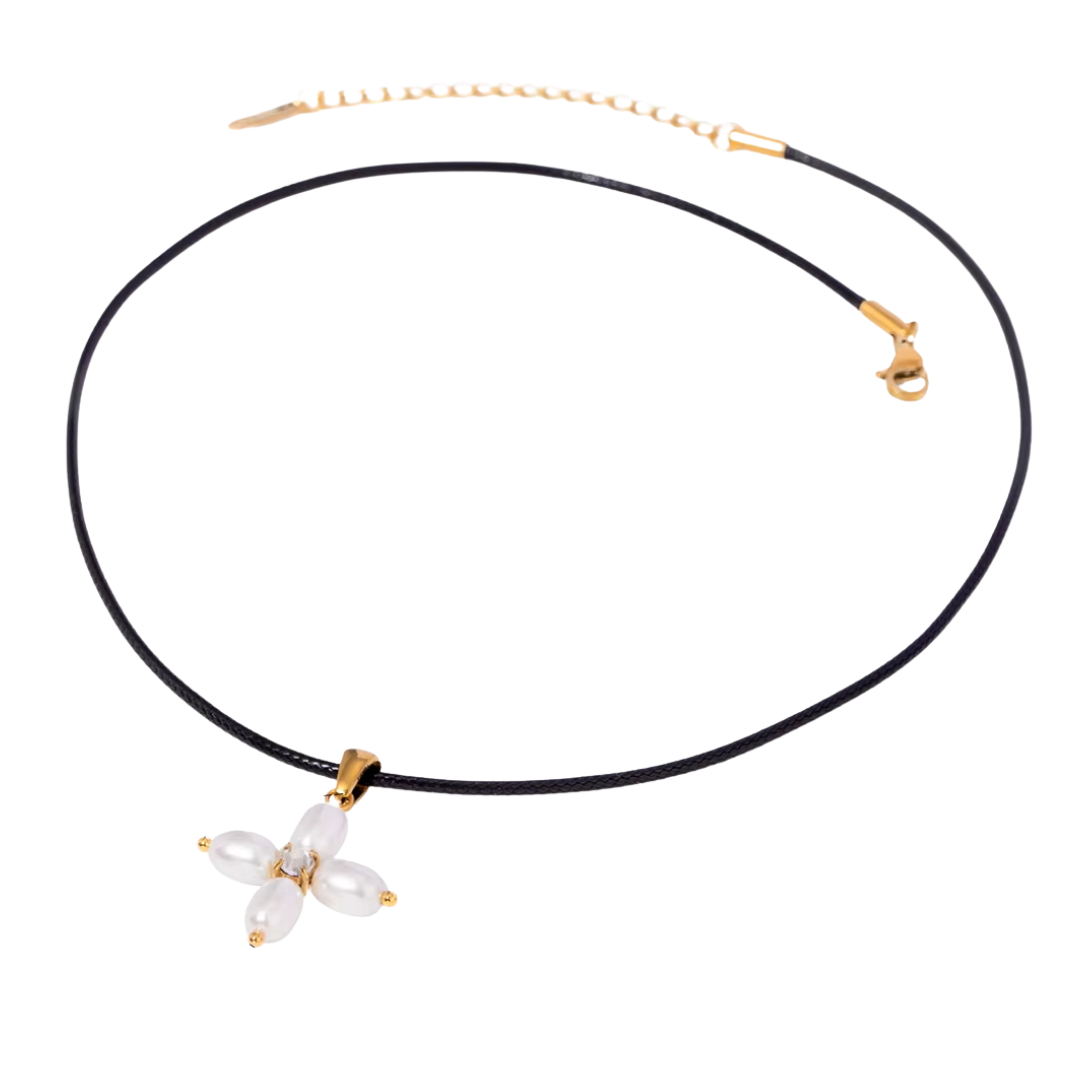 Zirconia & Pearls Cross Pendant Black Thread Necklace