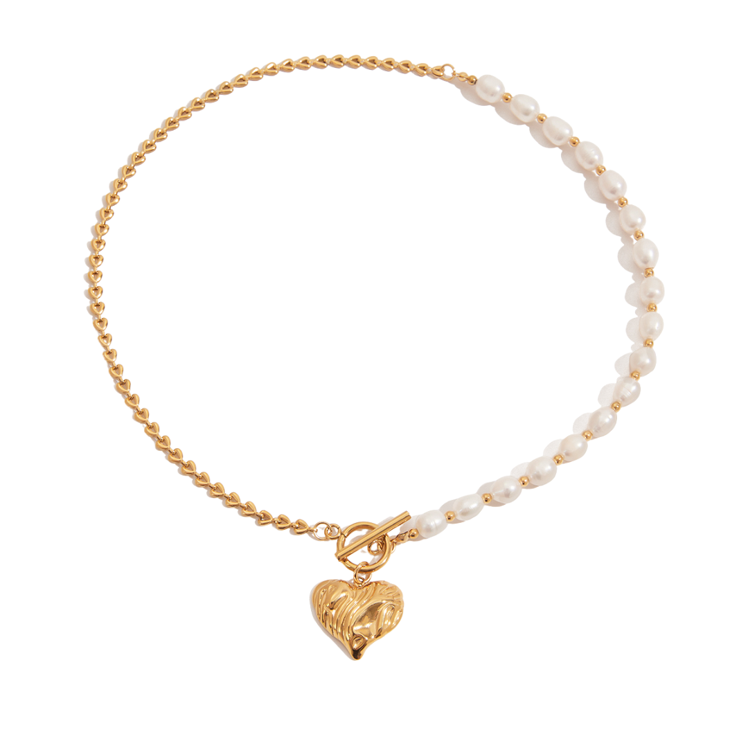 Textured Heart Pendant Pearls & Chain Necklace