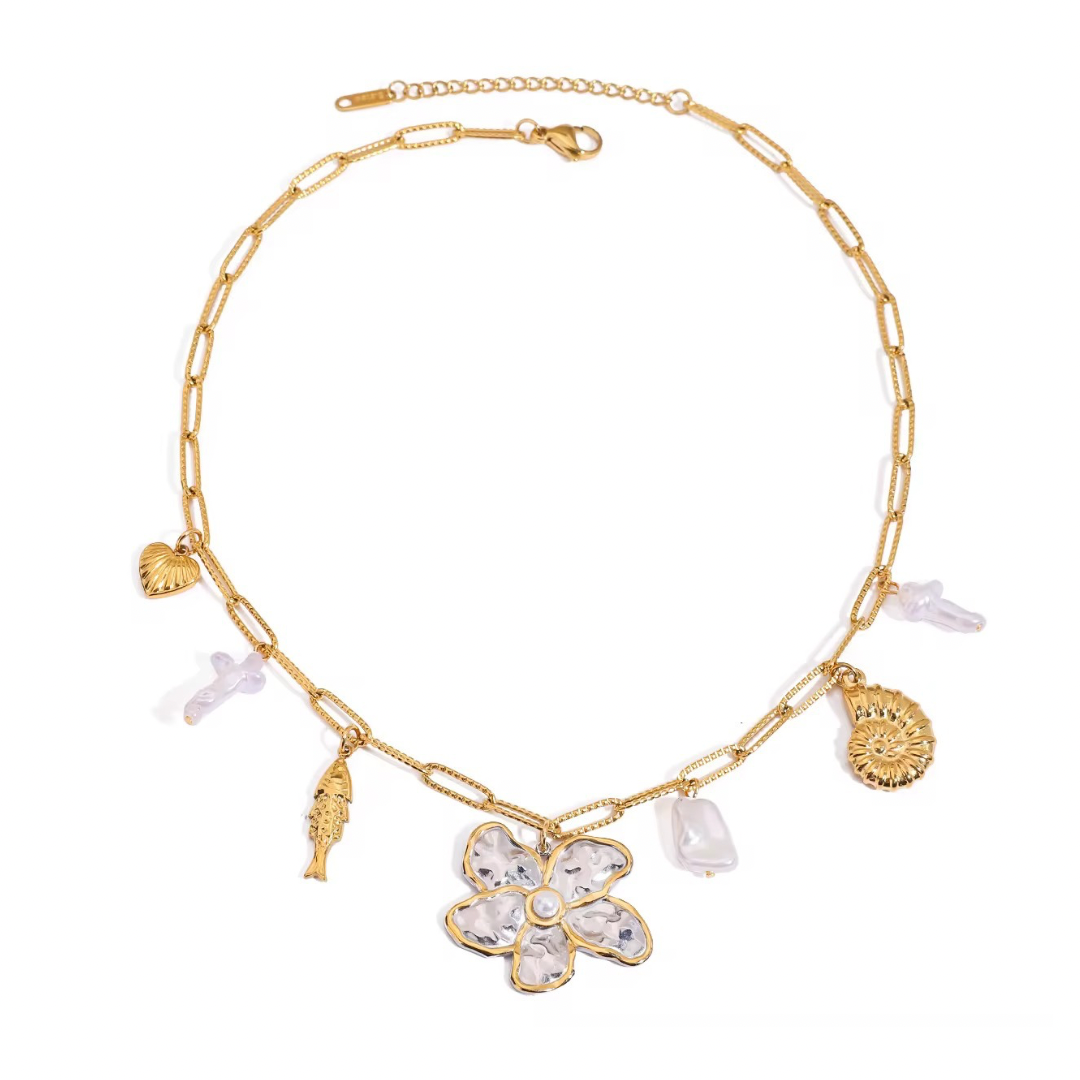 Two Tone Flower Pendant Charms Chain Necklace