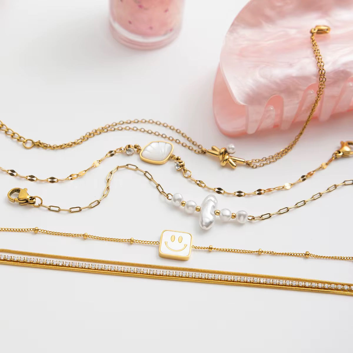 Shell Square Happy Face Chain Bracelet