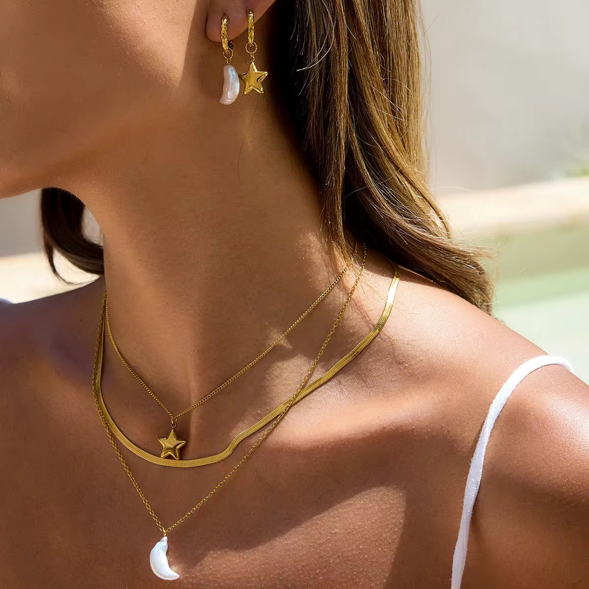 Star & Pearl Moon Layered Necklace
