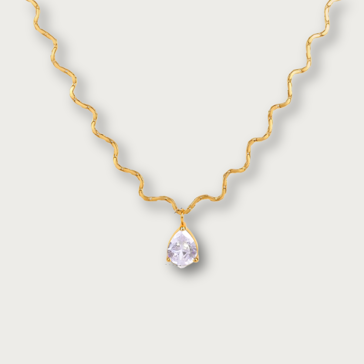 Tear Drop Zirconia Pendant Wavy Necklace