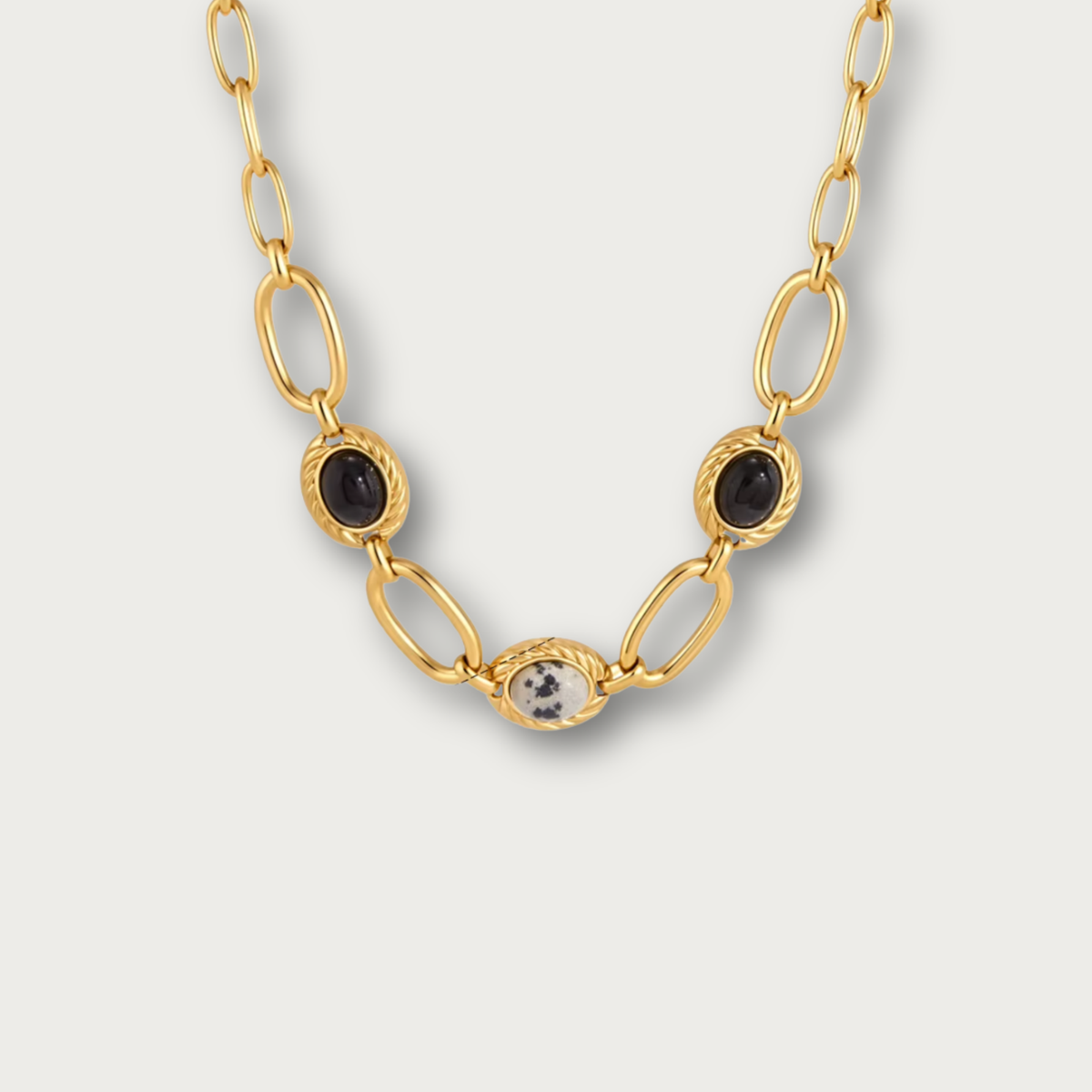Black Stones & Terrazzo Style Oval Chain Necklace
