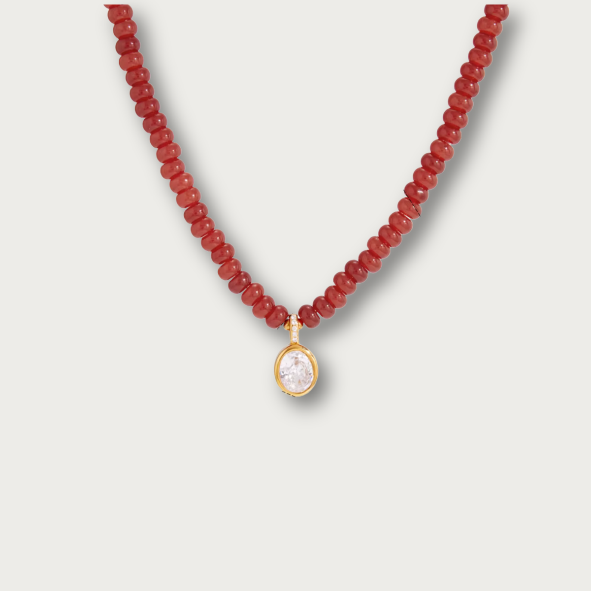 Zirconia Oval Pendant Red Bead Chain Necklace