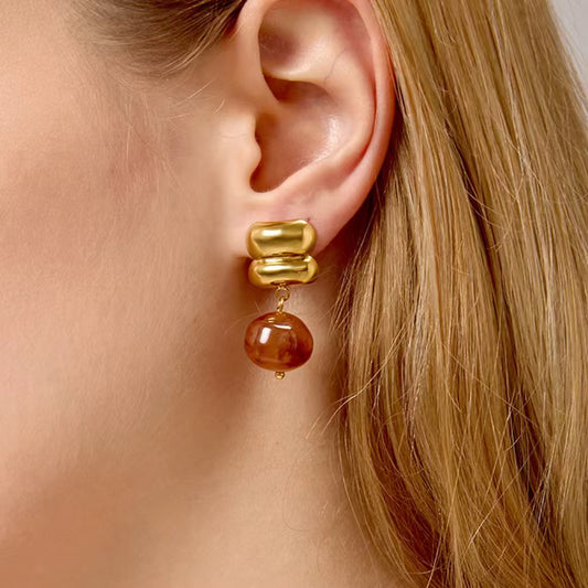 Brown Stone Pendant Stud Earrings