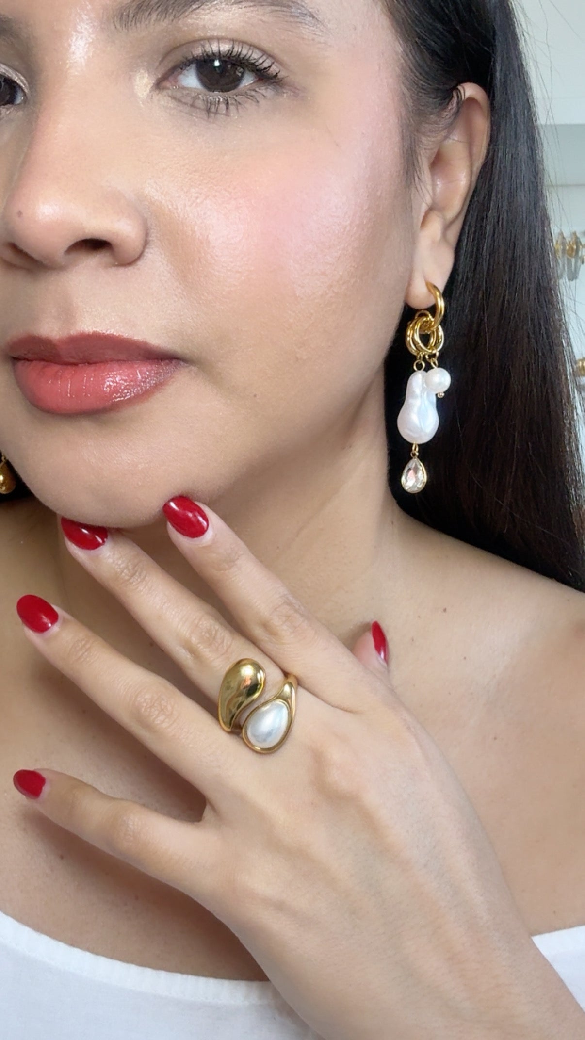 Pearl & Zirconias Long Pendant Stud Earrings