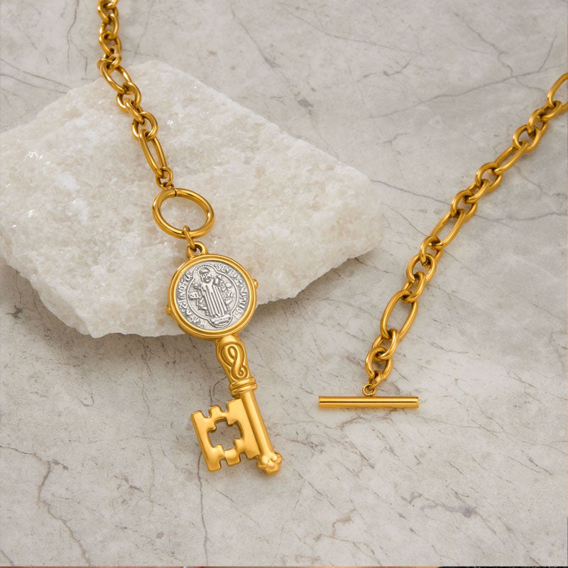 Two Tone Saint Benedict Key Pendant Chain Necklace