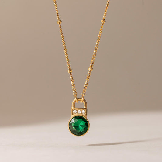 Green Zirconia Lock Pendant Necklace