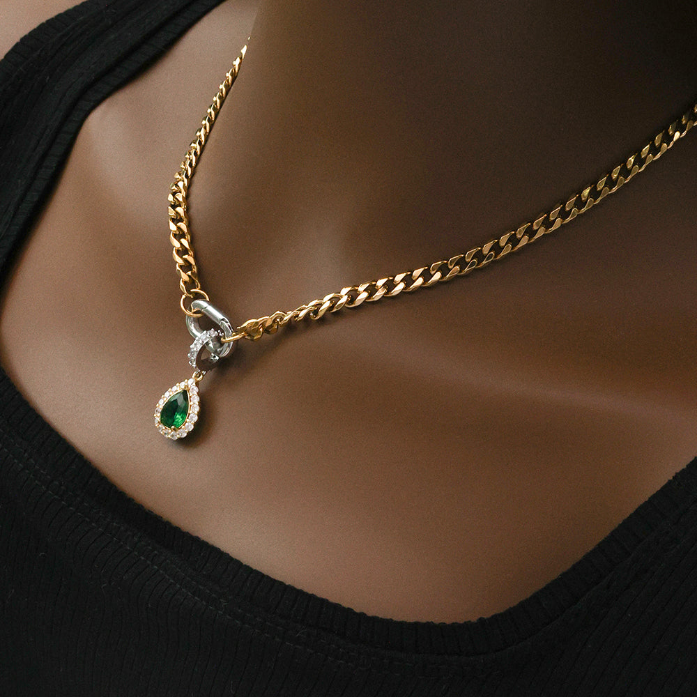 Two Tone Green Zirconia Drop Charm Cuban Chain Necklace