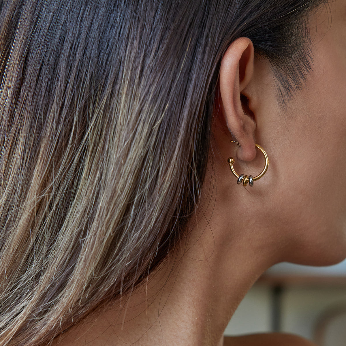 Two Tone Circles C Shape Stud Earrings