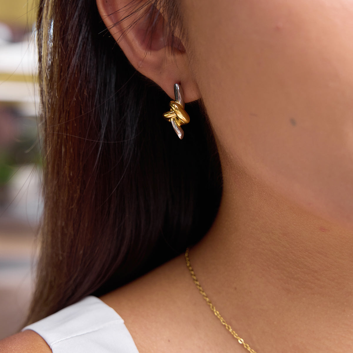 Two Tone Knot Bar Stud Earrings