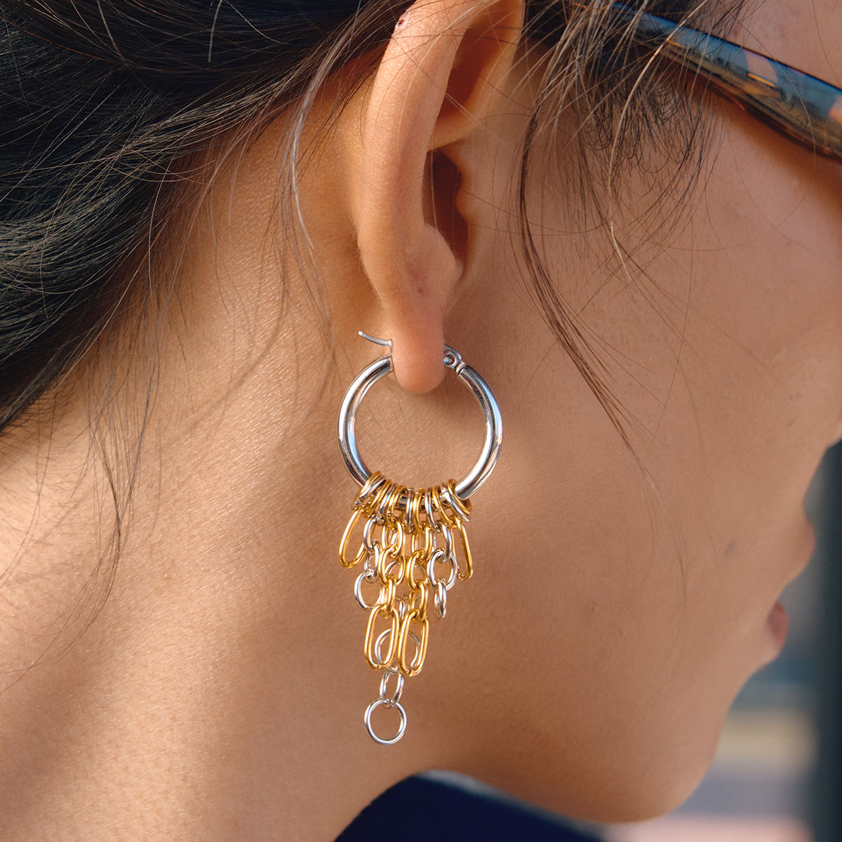 Two Tone Chain Tassel Hoop Earrings