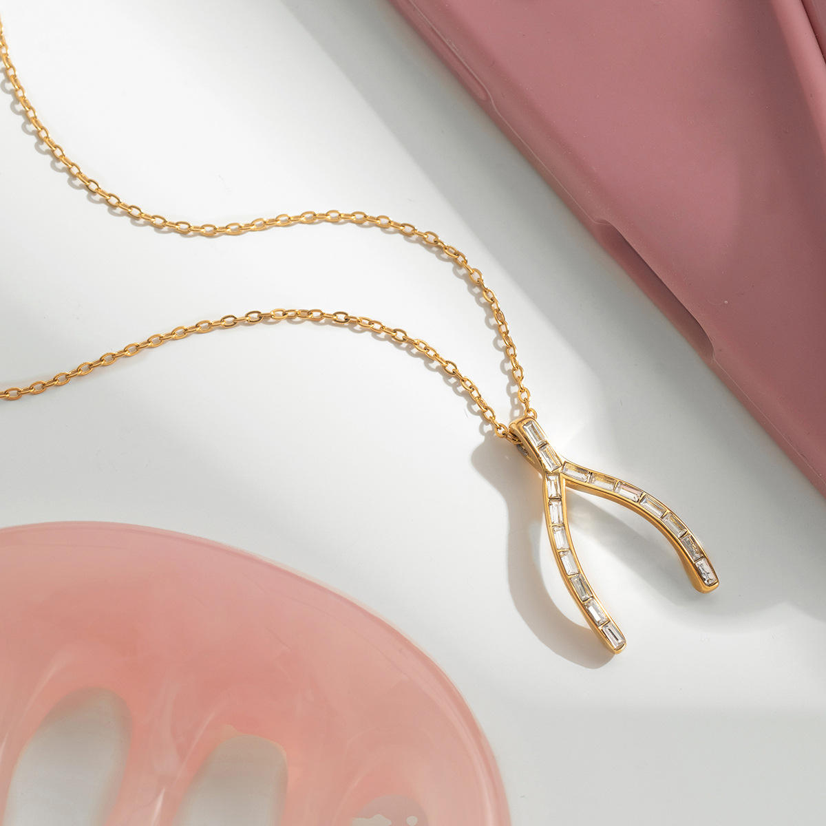 Zirconias Wishbone Pendant Necklace