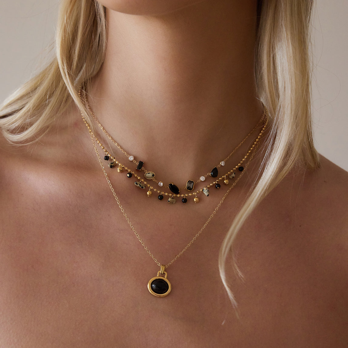 Black Stones & Terrazzo Style Balls Chain Necklace