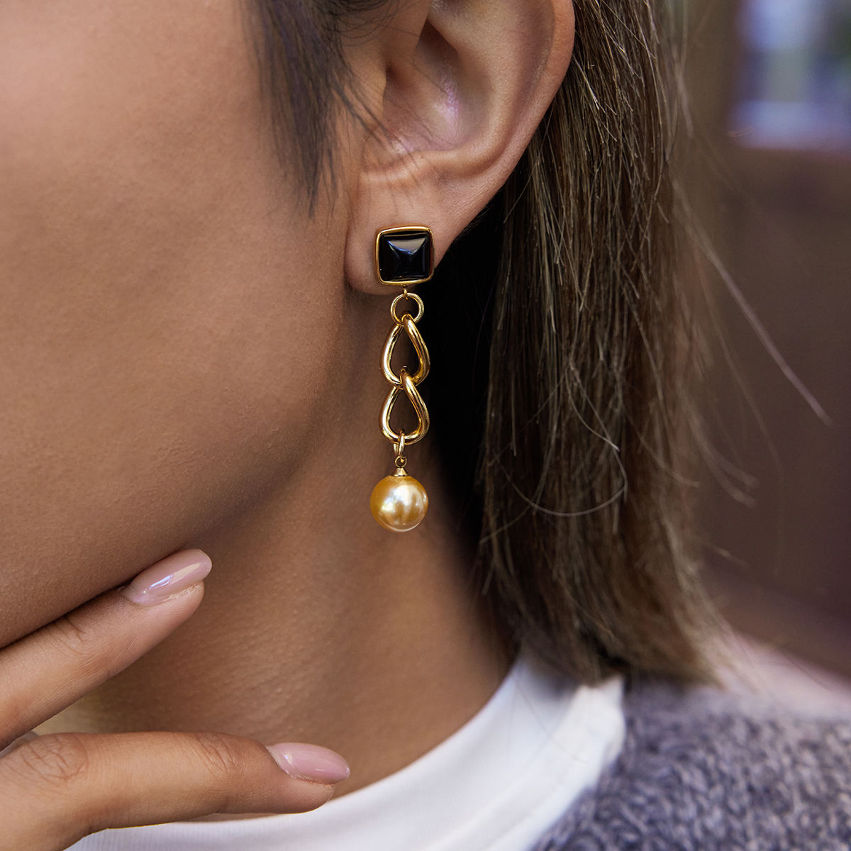 Black Square Stone & Gold Pearl Chain Stud Earrings
