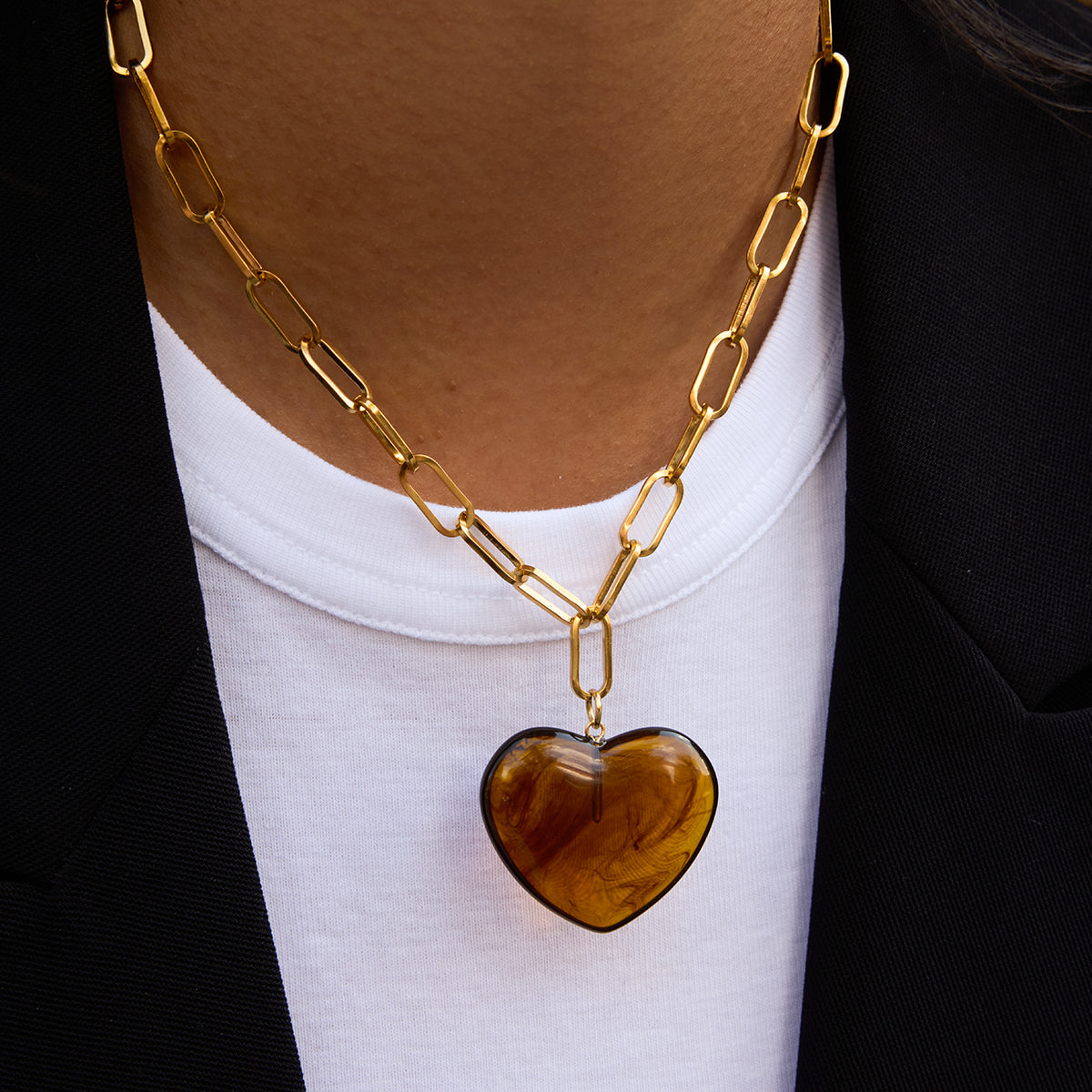 Brown Stone Chunky Heart Pendant Necklace