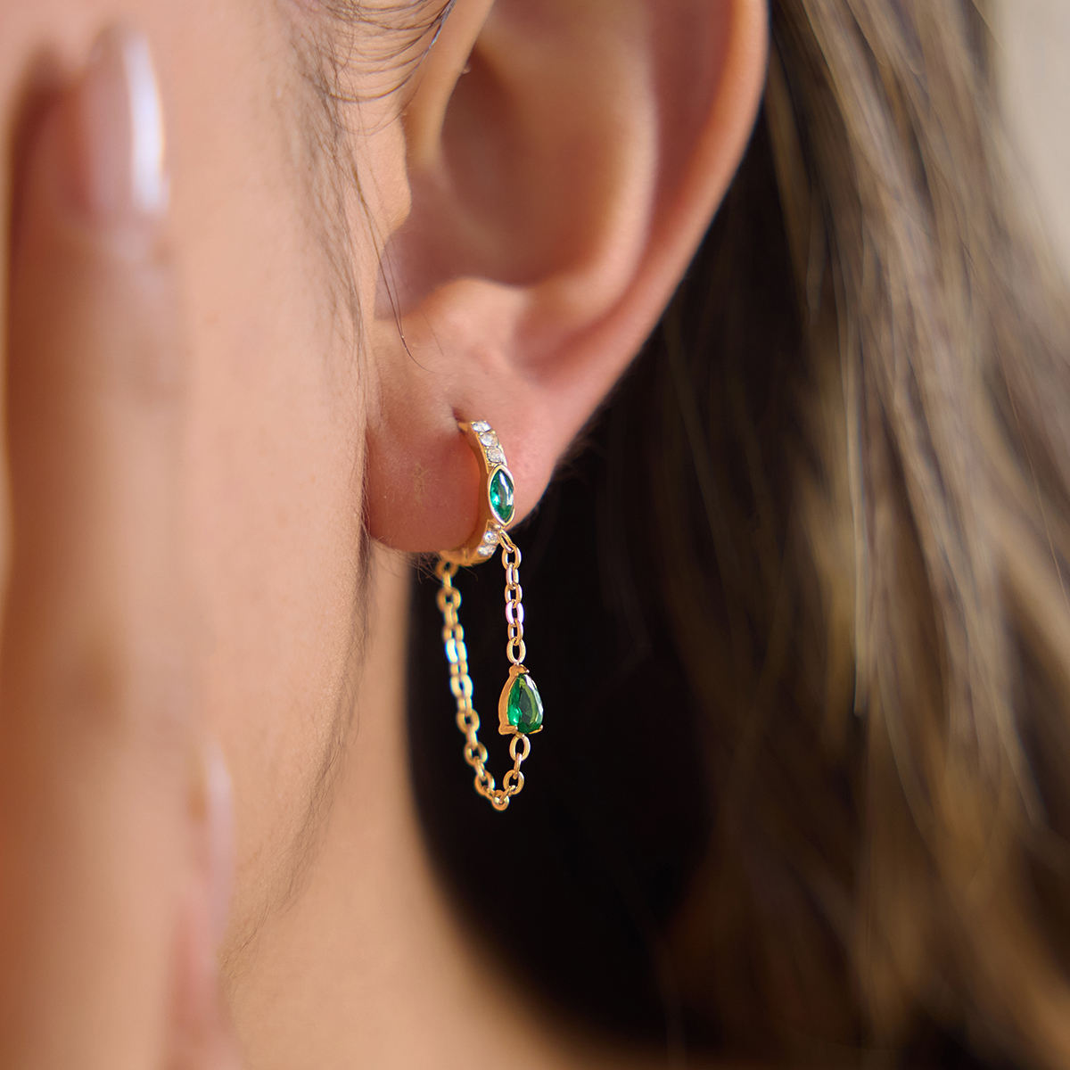 Green Drop Zirconias Chain Hoop Earrings