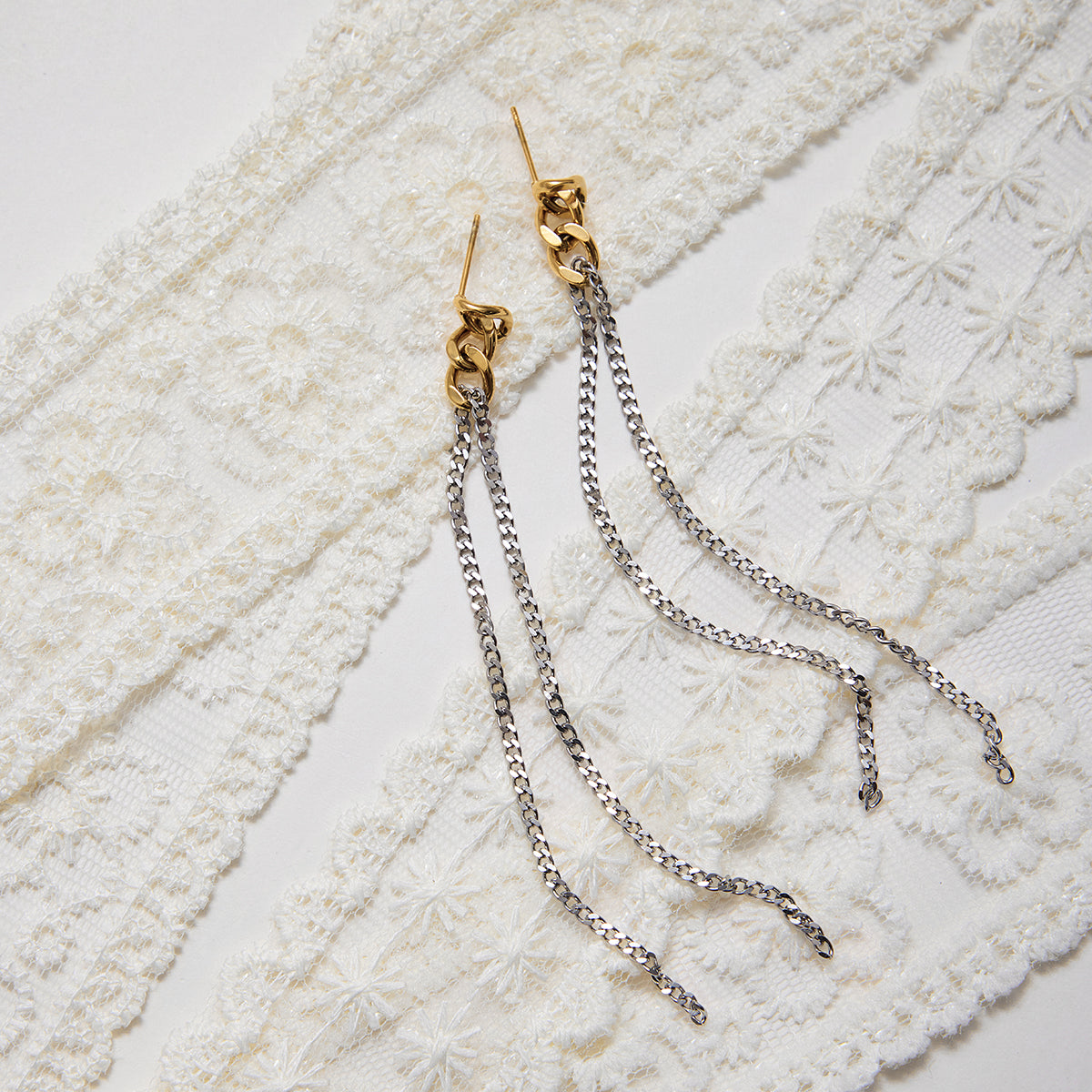 Two Tone Cuban Chain Long Stud Earrings