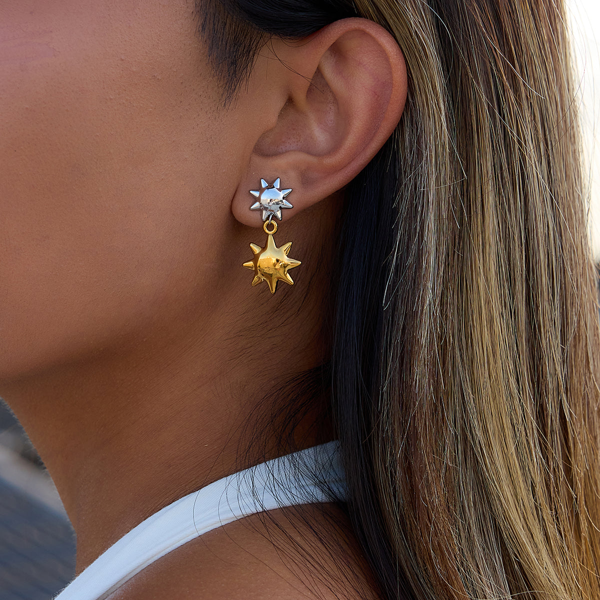 Two Tone Suns Lons Stud Earrings