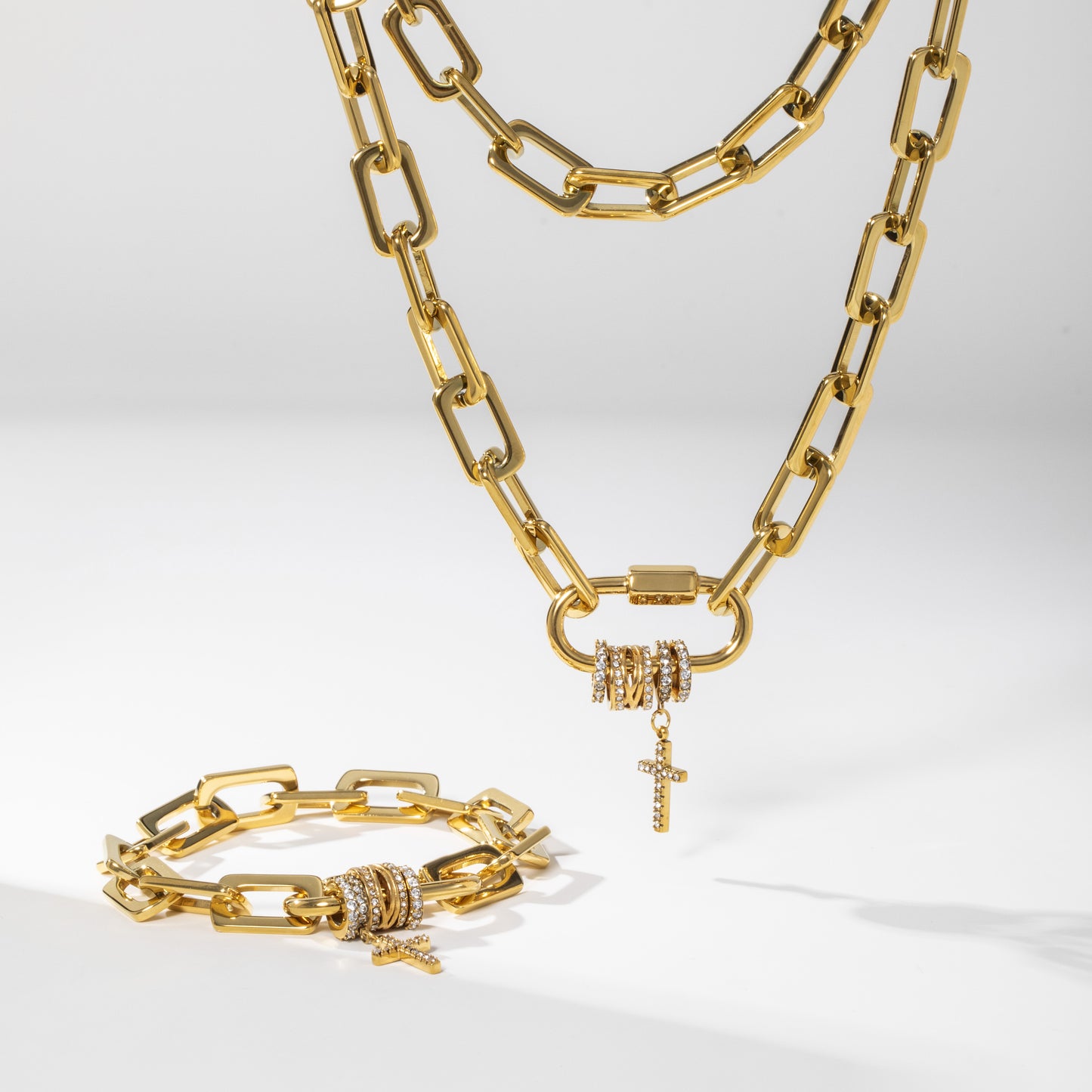 Dainty Mini Cross Charm Carabiner Chunky Chain Bracelet