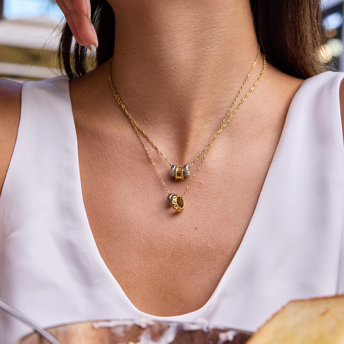 Two Tone Three Ring Pendant Necklace