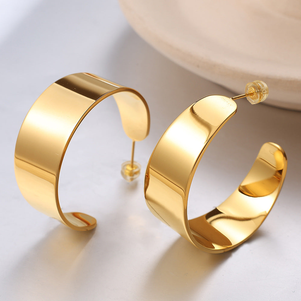 C Shape Flat Chunky Hoop Stud Earrings