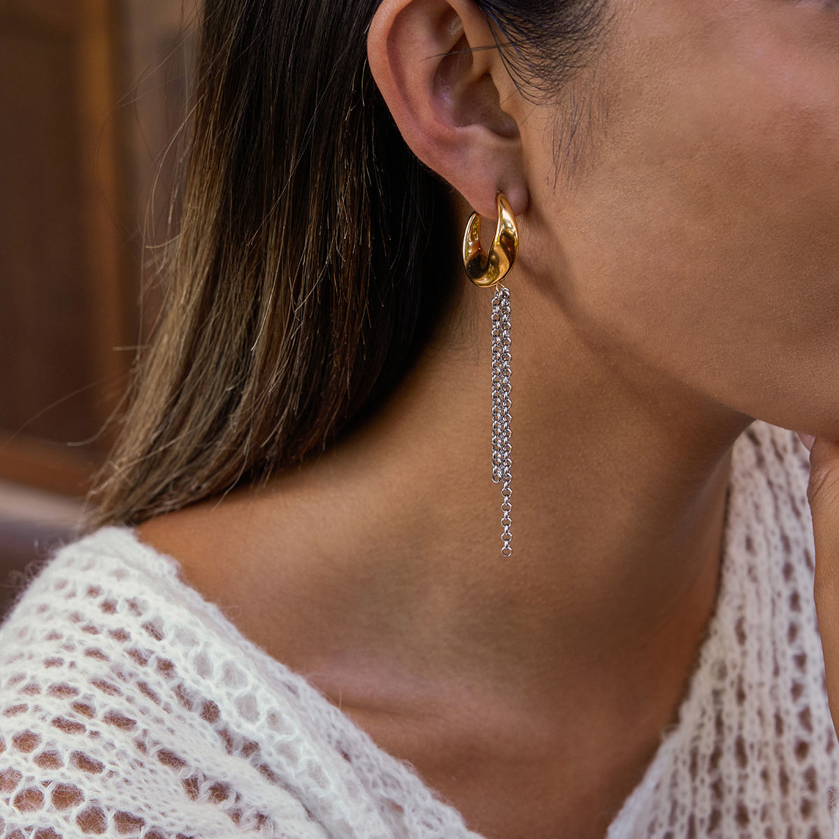 Two Tone Chain C Hoop Stud Earrings