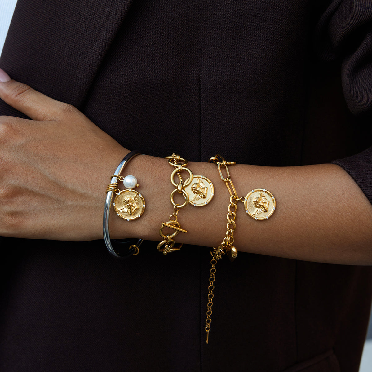 Two Tone Coin Angel Charm Bangle Bracelet