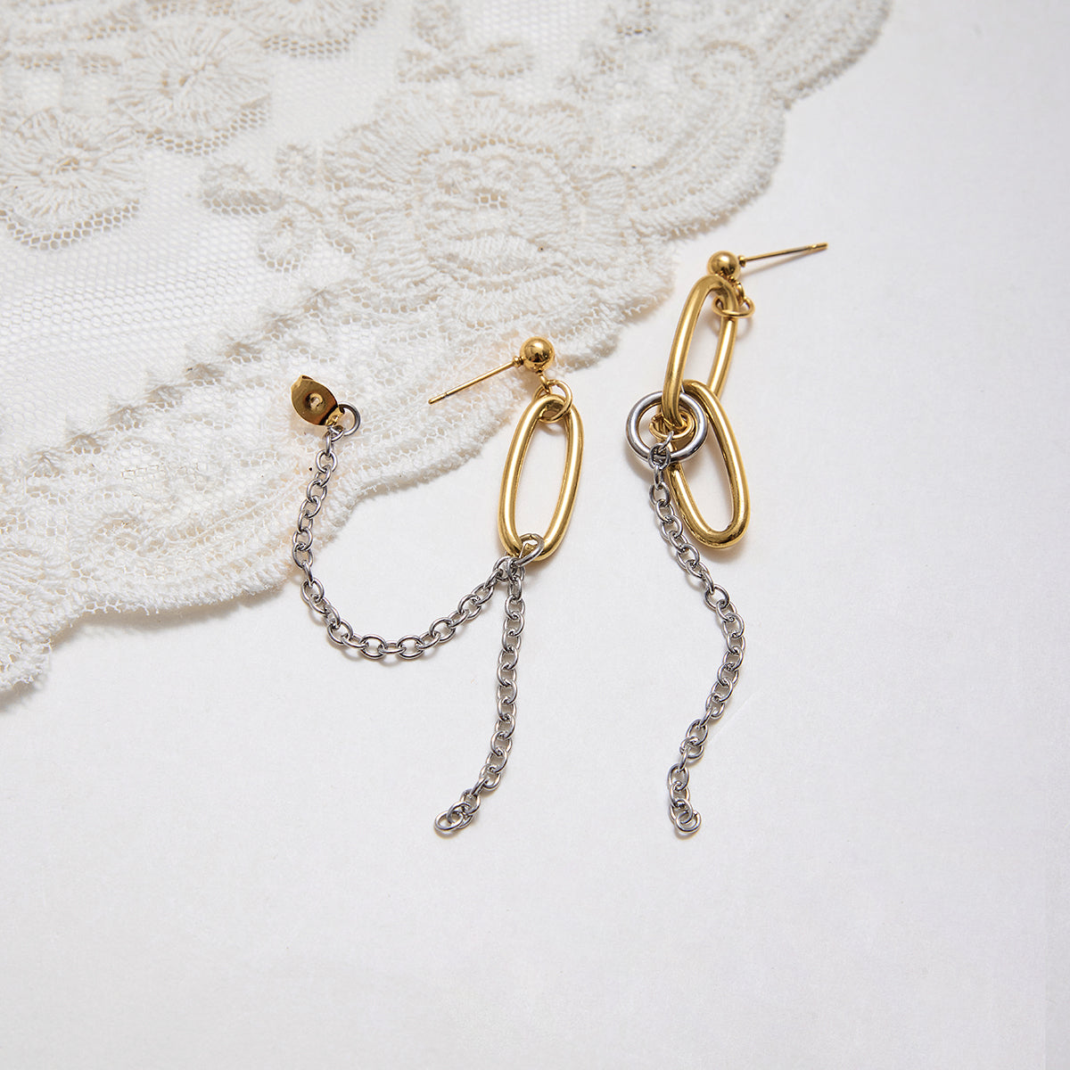 Two Tone Oval Chains Tassel Stud Earrings