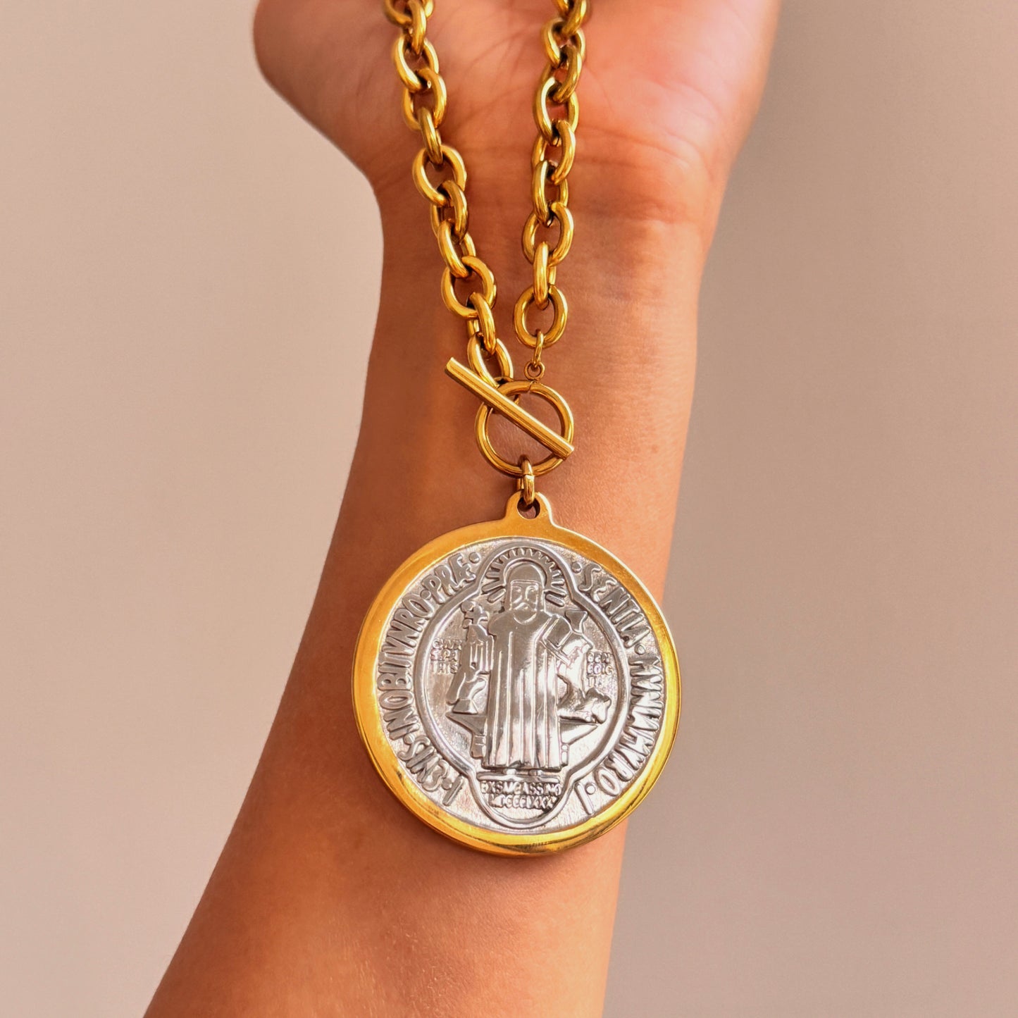 Two Tone Chunky Saint Benedict Pendant Chain Necklace