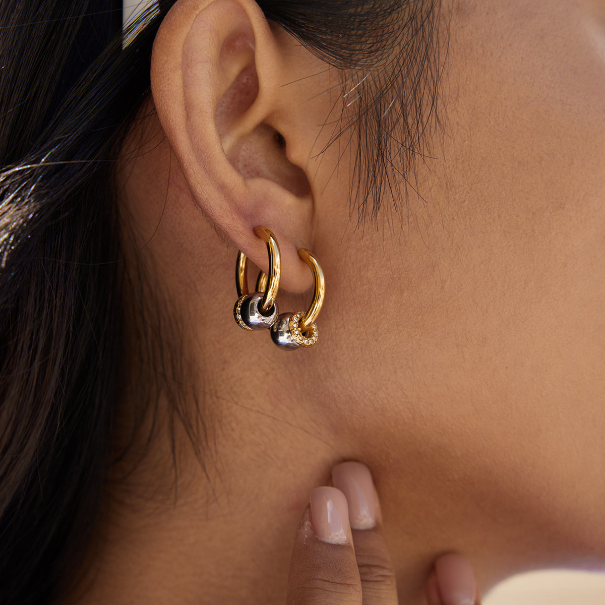 Two Tone Ball & Zirconias Small Hoop Earrings