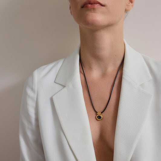 Oval Black Stone Pendant Black Cord Necklace