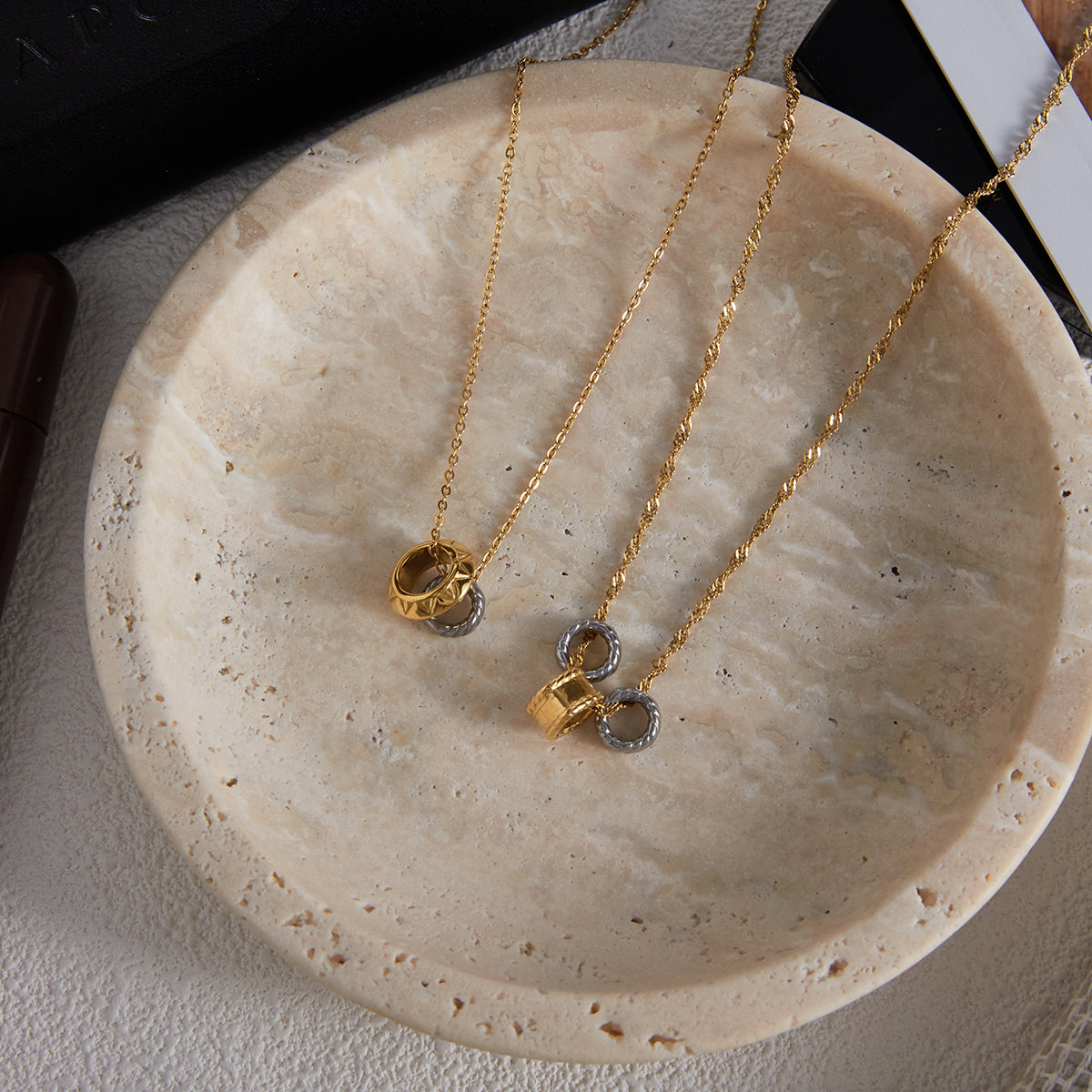Two Tone Three Ring Pendant Necklace