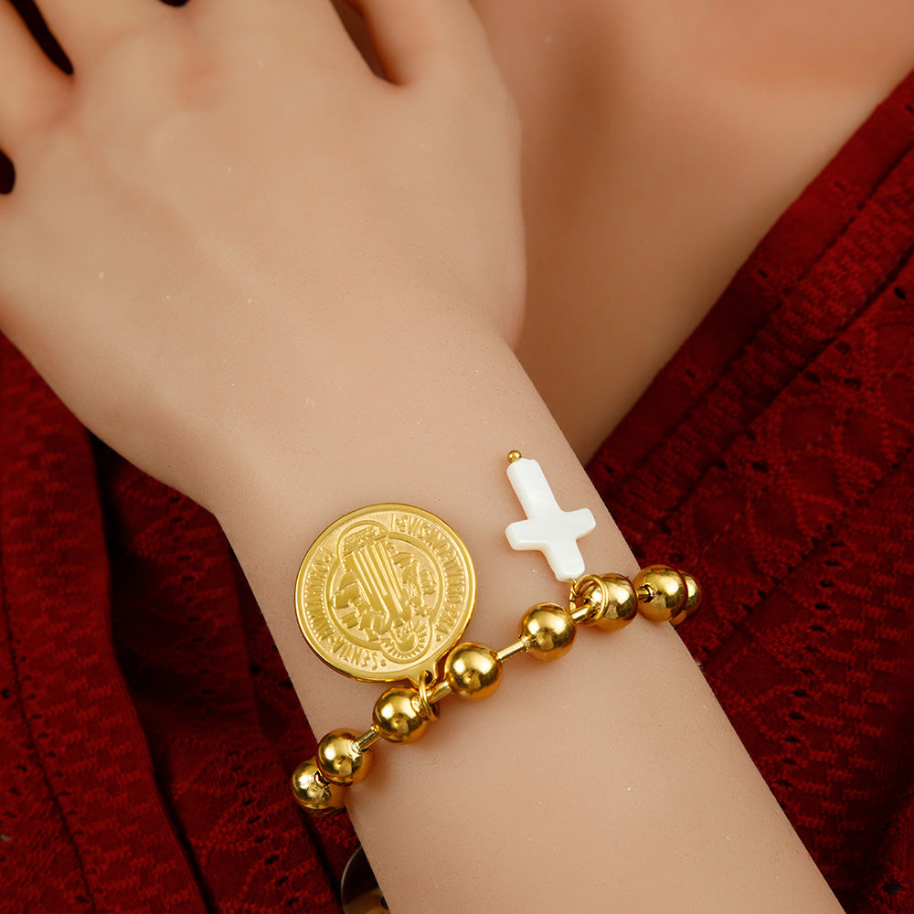 Saint Benedict & Shell Cross Pendant Balls Chain Bracelet