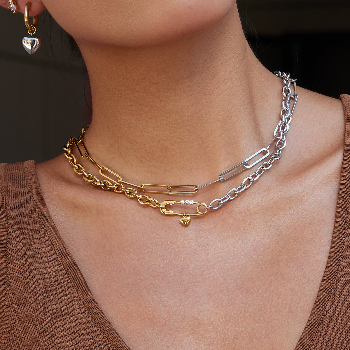Two Tone Cute Safety Pin Chain Necklace
