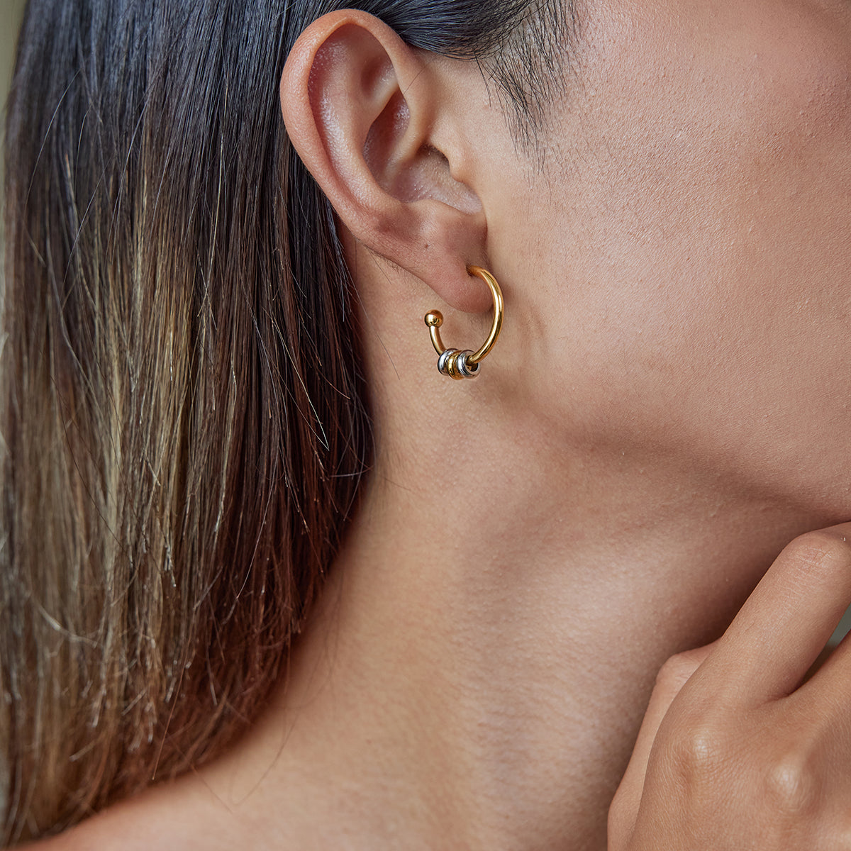 Two Tone Circles C Shape Stud Earrings