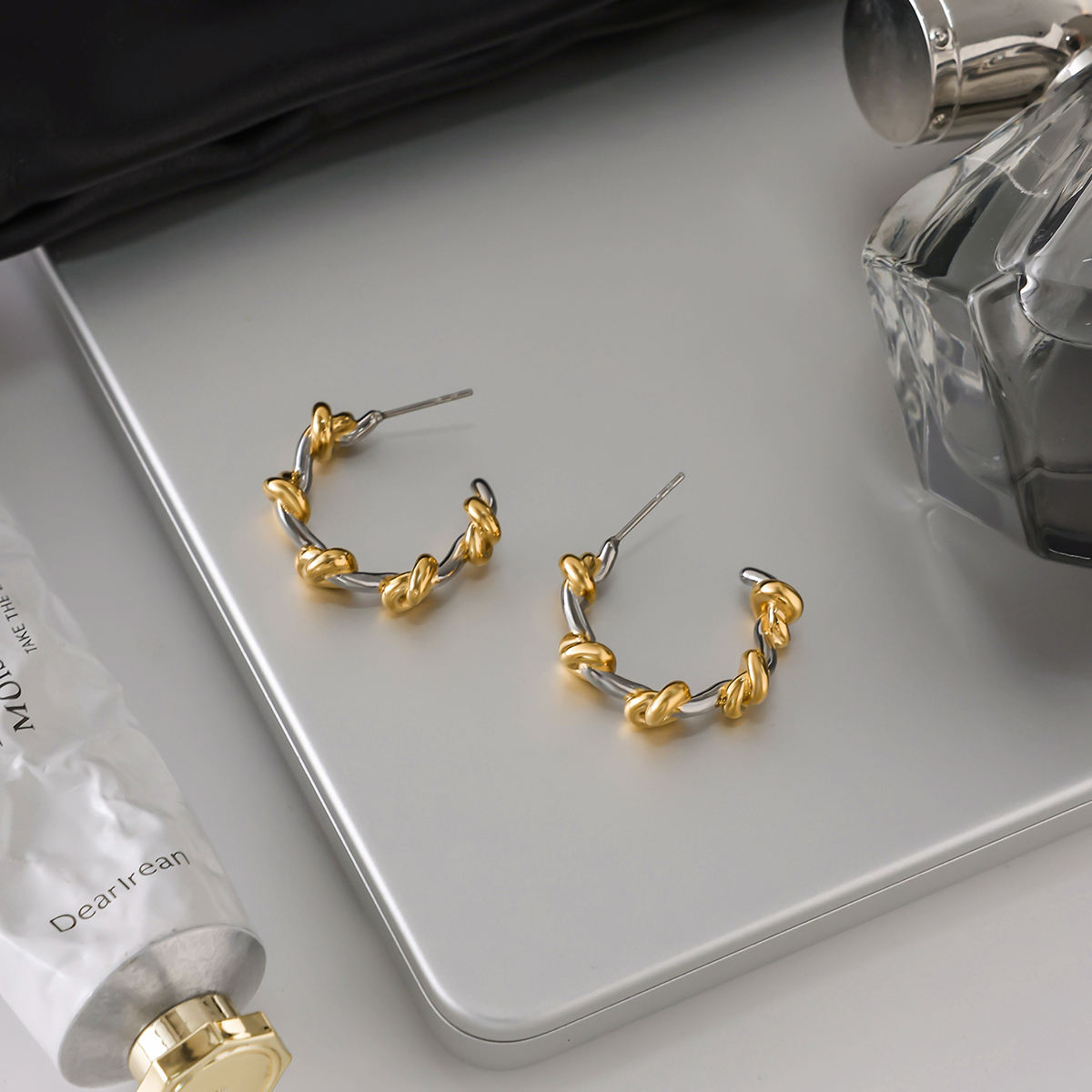 Two Tone Knots Hoop Stud Earrings