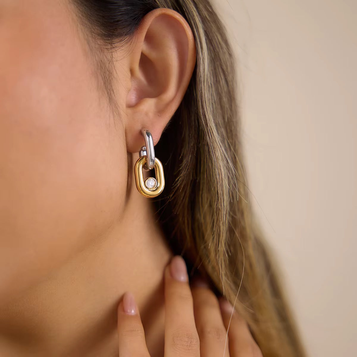 Two Tone Oval Link Stud Earrings