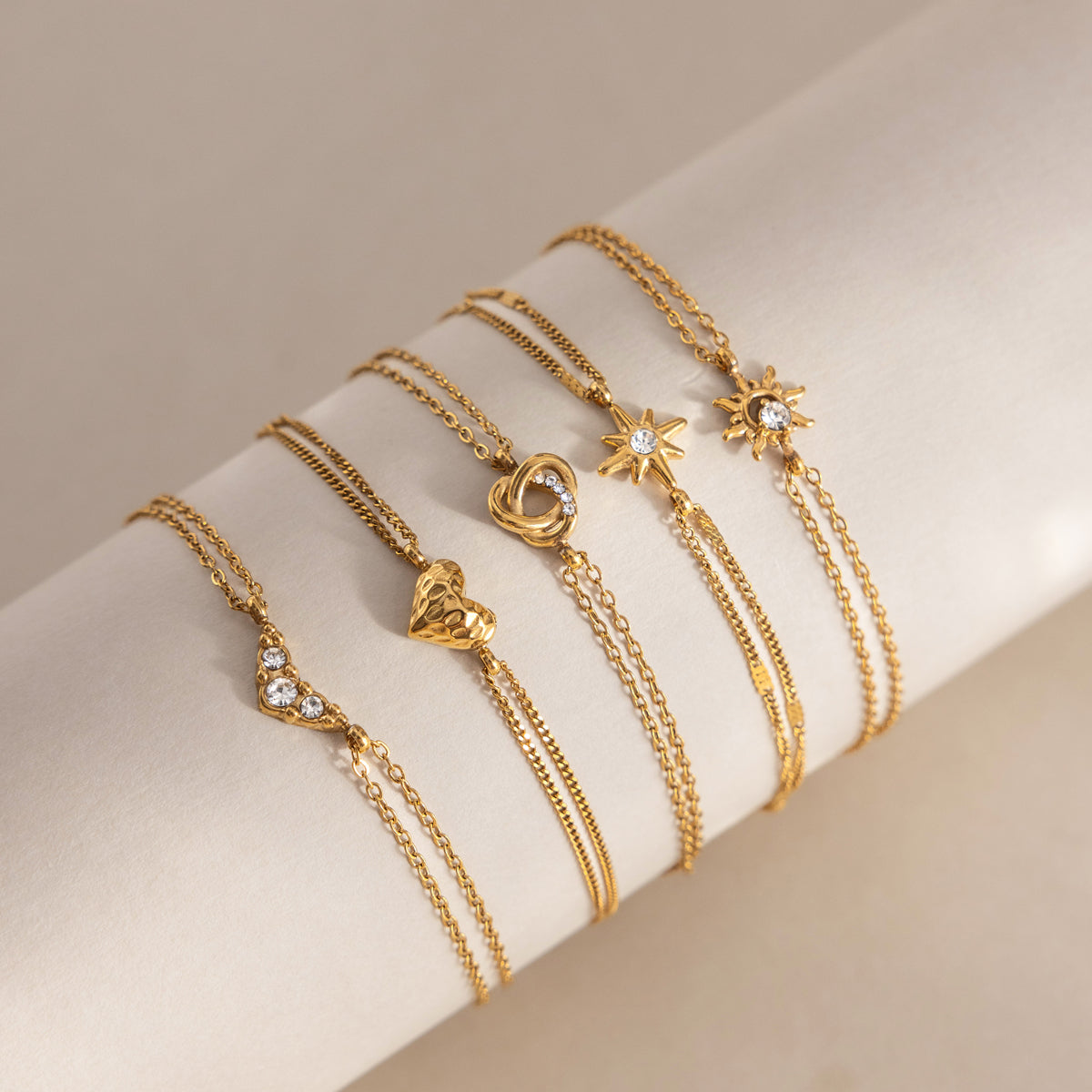Hammered Mini Heart Double Chain Bracelet