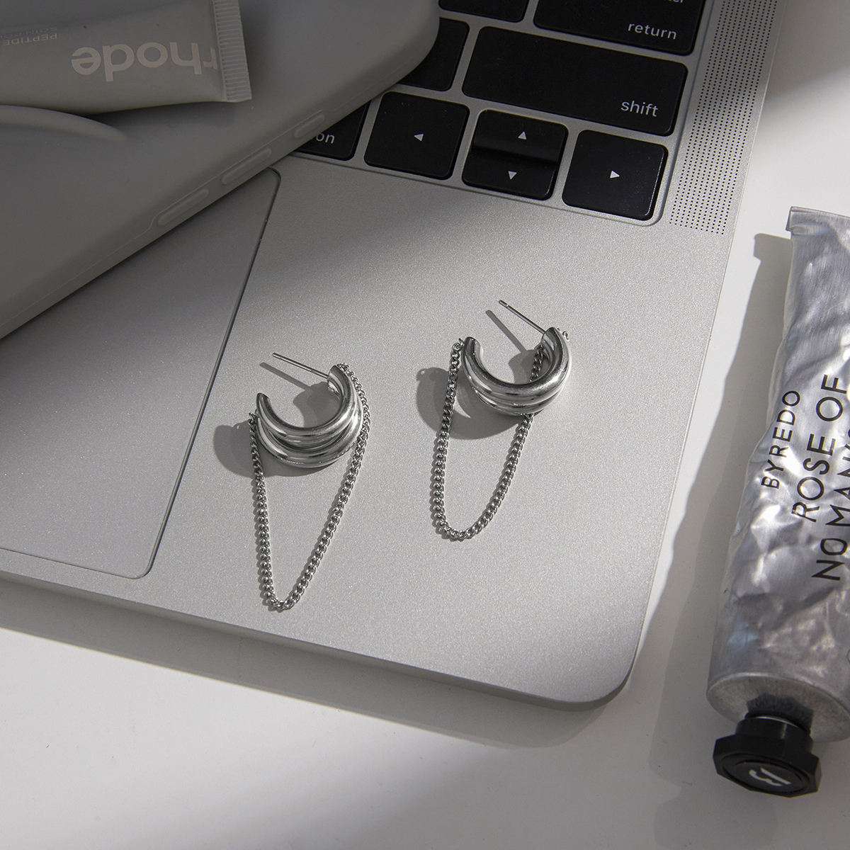 Silver Chain Hoop Stud Earrings