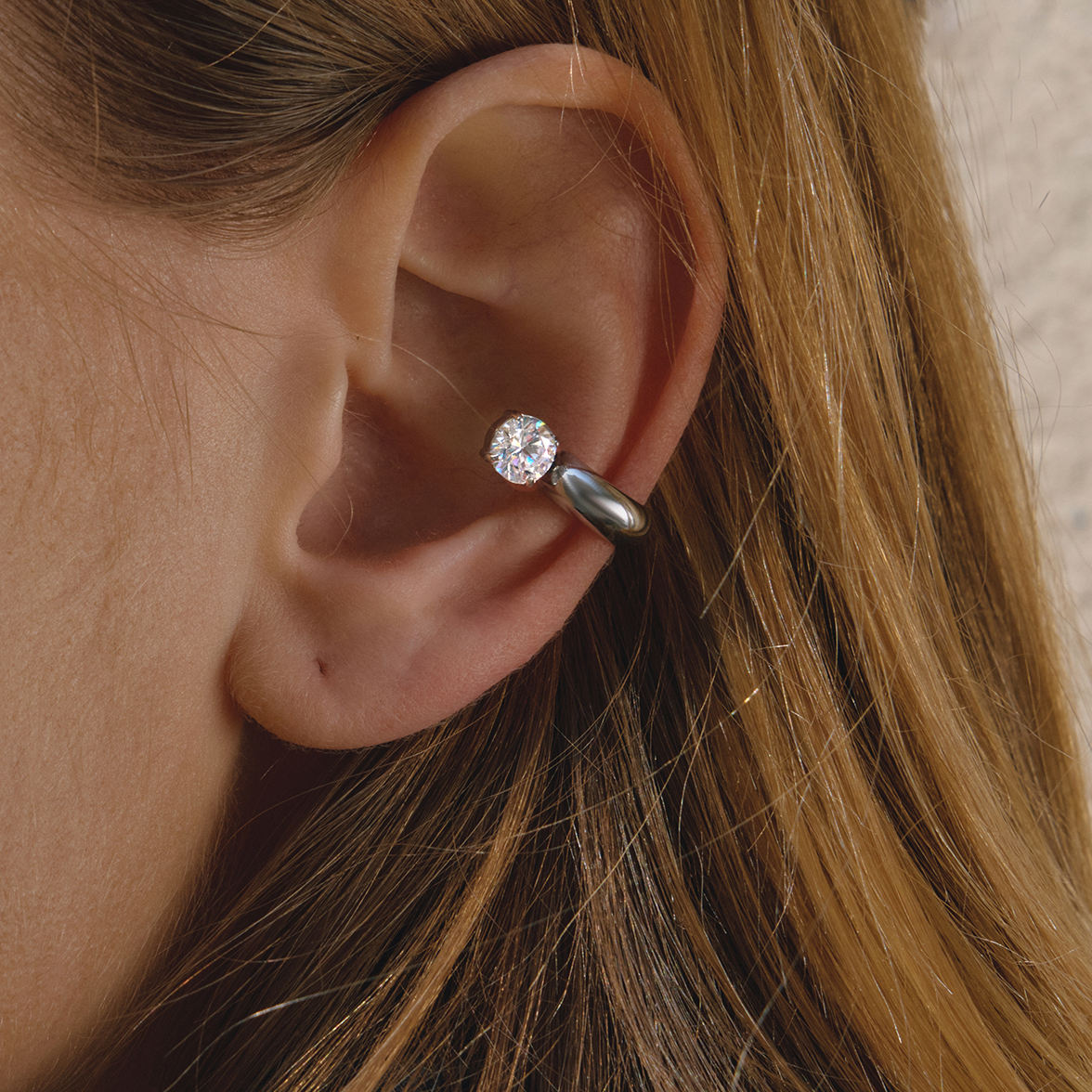 Silver Round Zirconia Pendant Earcuff Set