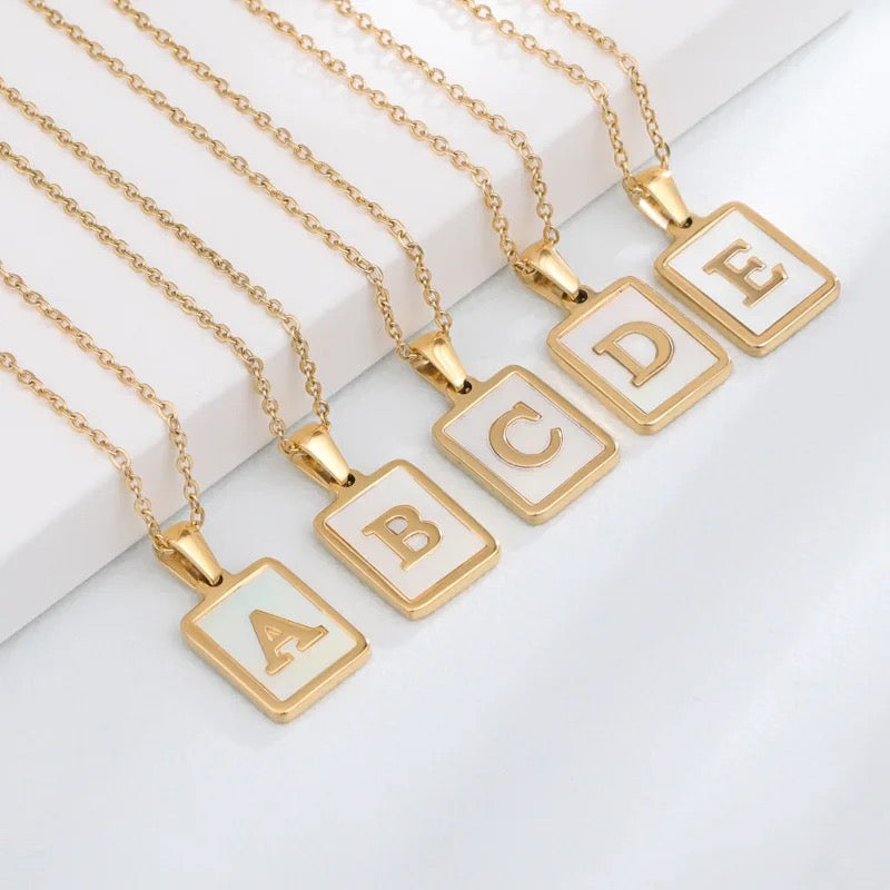 SS Rectangle Natural Shell Initial Necklace