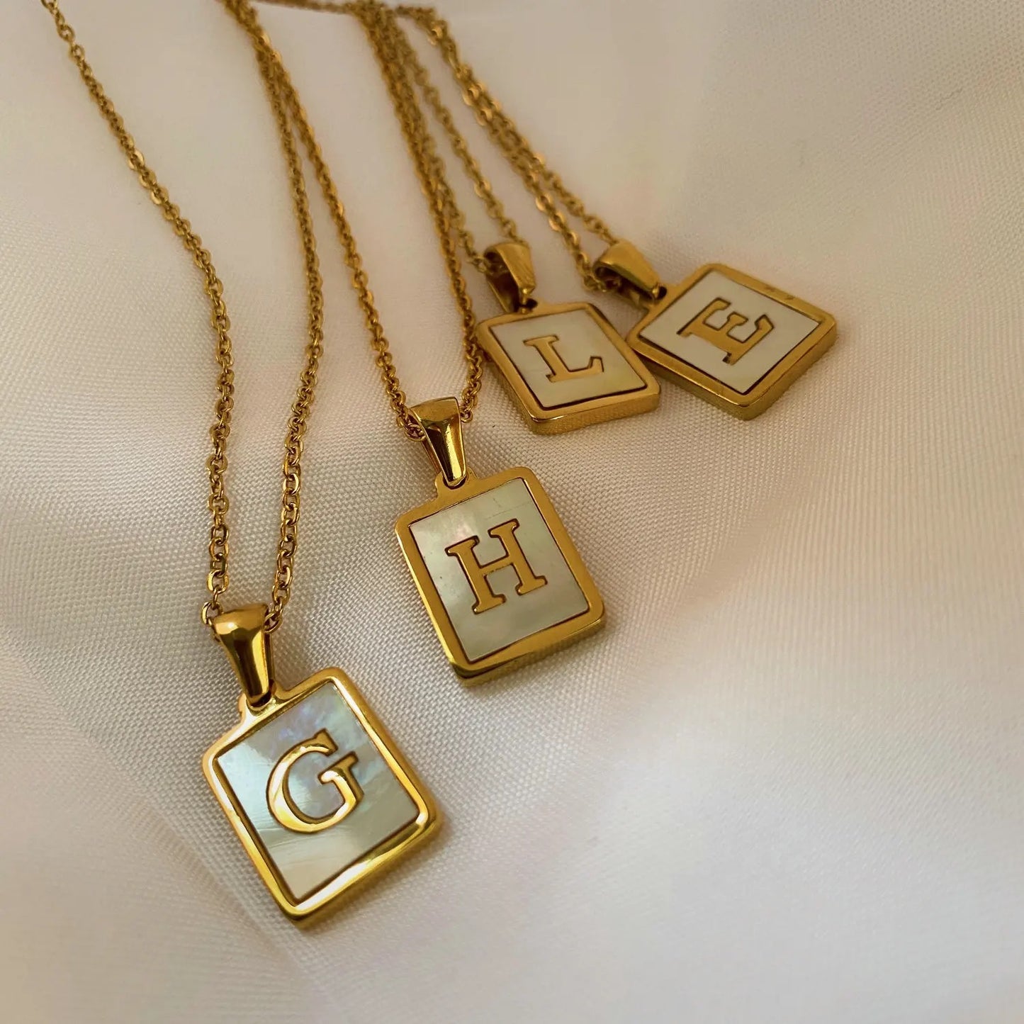 SS Rectangle Natural Shell Initial Necklace
