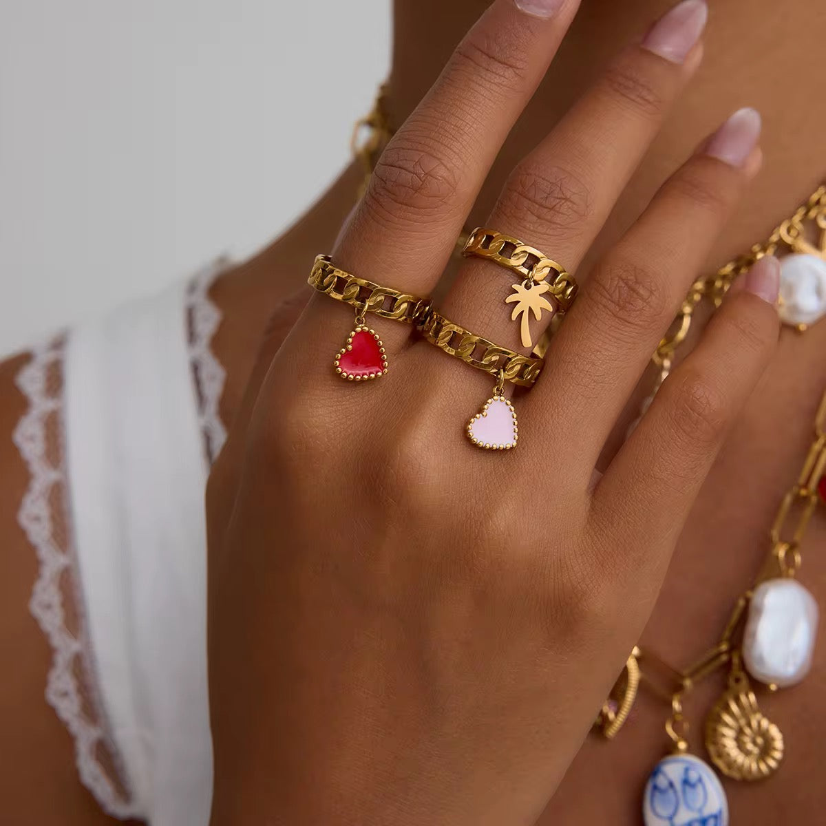 Red Heart Charm Cuban Ring