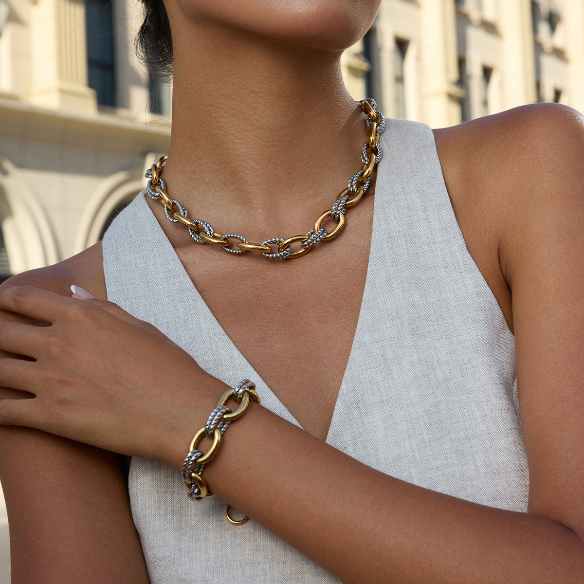 Two Tone Oval Twist Chunky Chain Bracelet