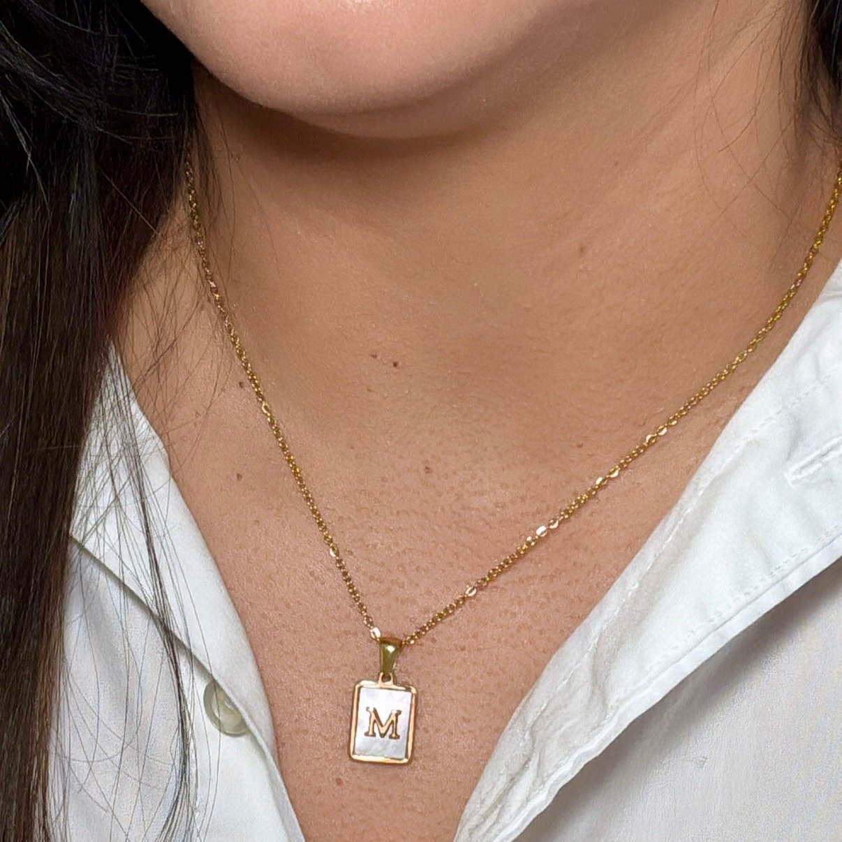 SS Rectangle Natural Shell Initial Necklace